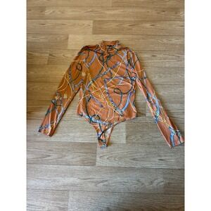 IRIS Womens Mock Neck Long Sleeve Bodysuit Terracotta Chain Rope Print Large